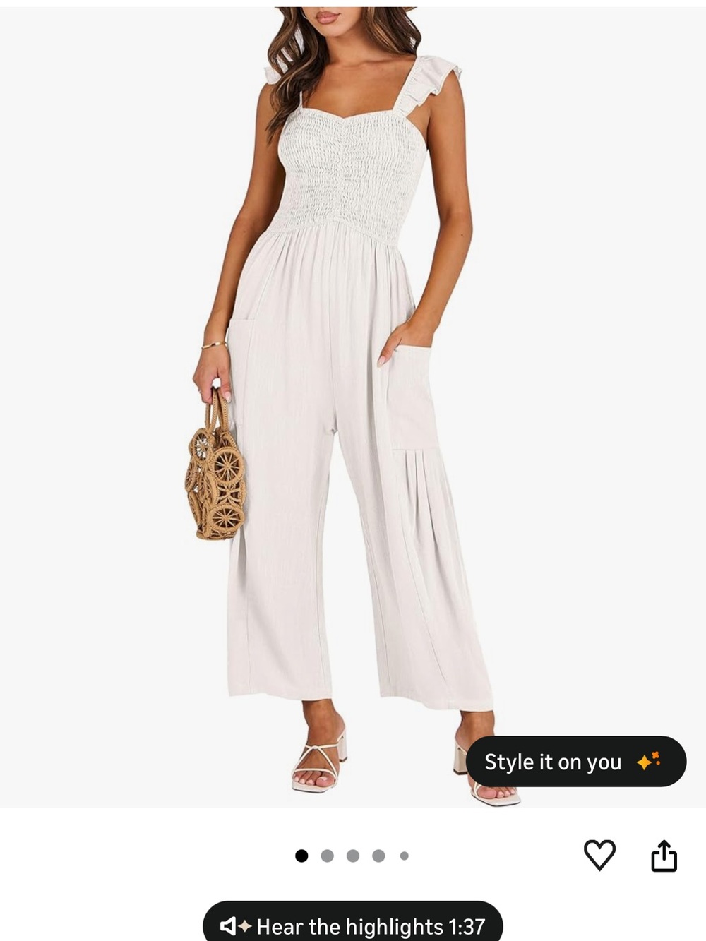 Smocked Ruffle-Strap Wide-Leg Jumpsuit - White